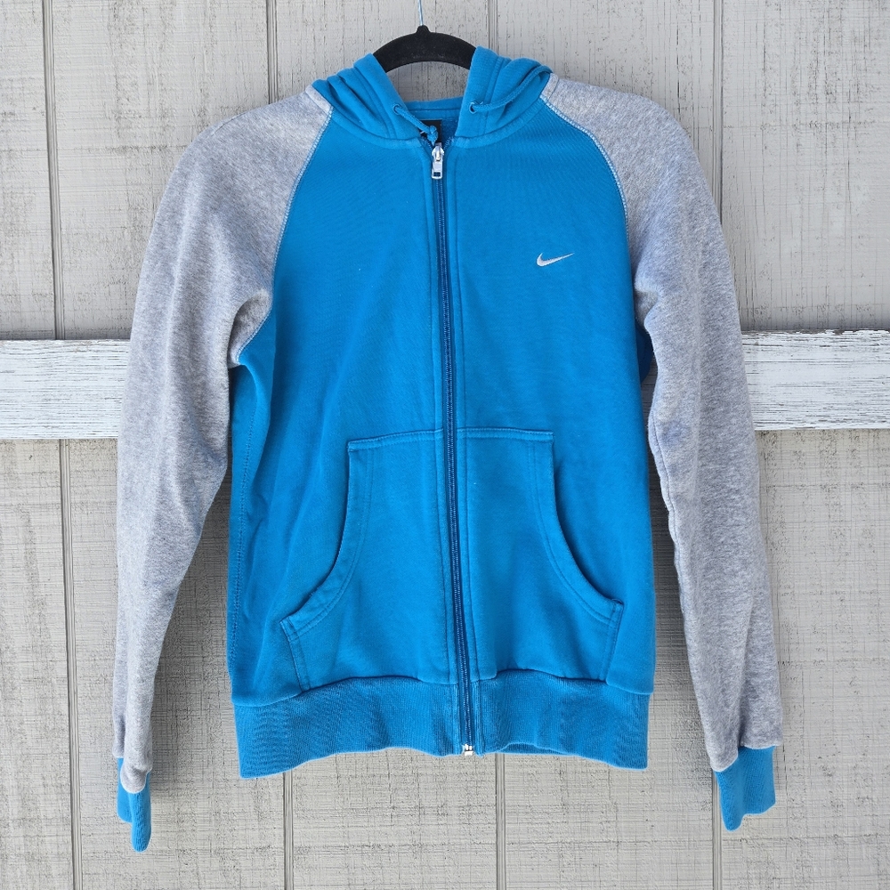 Y2K Nike Blue Colorblock Full Zip Sweatshirt Athletic Fleece Gym Hoodie Medium